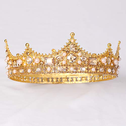 FORSEVEN King Crown for Men Crown Royal Costume Accessory Prom Tiara Baroque Vintage Crystal Pearl Bridal Wedding Tiaras Birthday Party Round Crowns Halloween Decorations Headband - Image 2