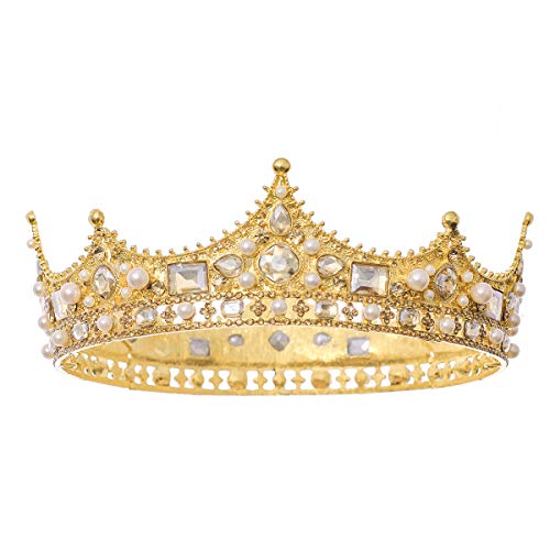 FORSEVEN King Crown for Men Crown Royal Costume Accessory Prom Tiara Baroque Vintage Crystal Pearl Bridal Wedding Tiaras Birthday Party Round Crowns Halloween Decorations Headband - Image 1
