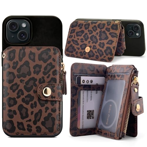 M-Plateau RFID Blocking Small Wallet for Women, Phone Wallet with Snap Closure, Zipper Pocket, 3M Adhesive Sticker, Lanyard, RFID Blocking, Kickstand, 6 Card Slots, Leopard Print, Leather - Image 1