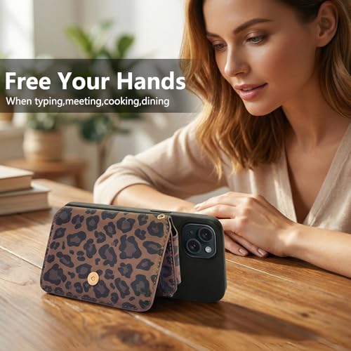 M-Plateau RFID Blocking Small Wallet for Women, Phone Wallet with Snap Closure, Zipper Pocket, 3M Adhesive Sticker, Lanyard, RFID Blocking, Kickstand, 6 Card Slots, Leopard Print, Leather - Image 2