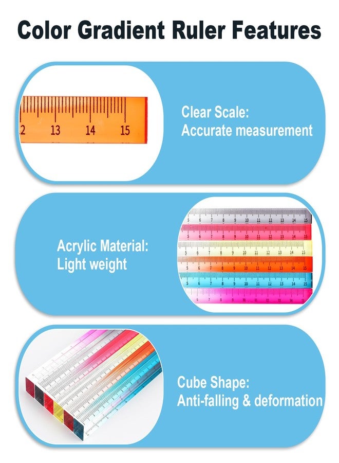 Andibro 6 Pieces Colourful Transparent Ruler, Cube Acrylic Ruler Set, 15 cm, Colour Gradient Rulers, School Stuff, Lightweight Measuring Tool for Students, Adults, Classroom, Office - Image 2