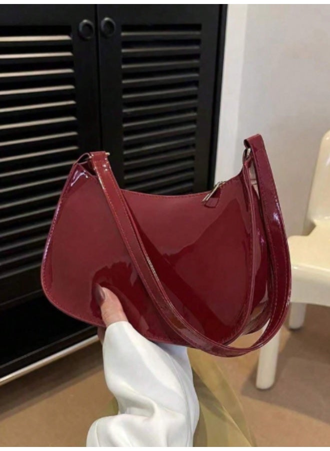 Solid Burgundy Minimalist Crescent Shoulder Bag for Women – Stylish Faux Leather Purse with Zipper Closure for College & Daily Outings - Image 1