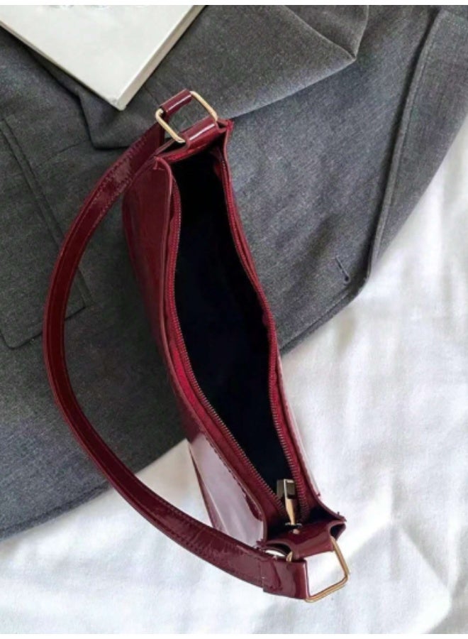Solid Burgundy Minimalist Crescent Shoulder Bag for Women – Stylish Faux Leather Purse with Zipper Closure for College & Daily Outings - Image 5