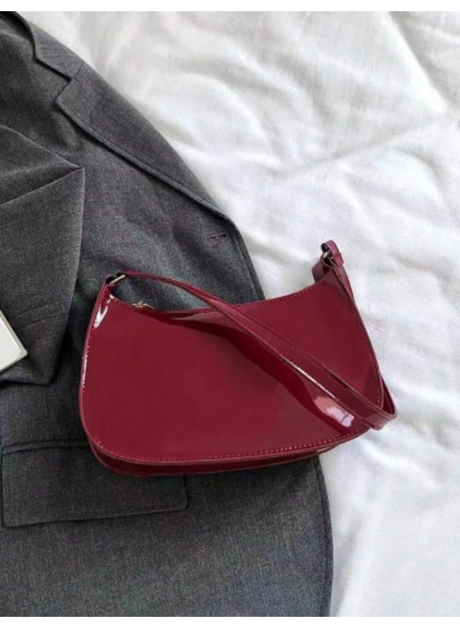 Solid Burgundy Minimalist Crescent Shoulder Bag for Women – Stylish Faux Leather Purse with Zipper Closure for College & Daily Outings - Image 3