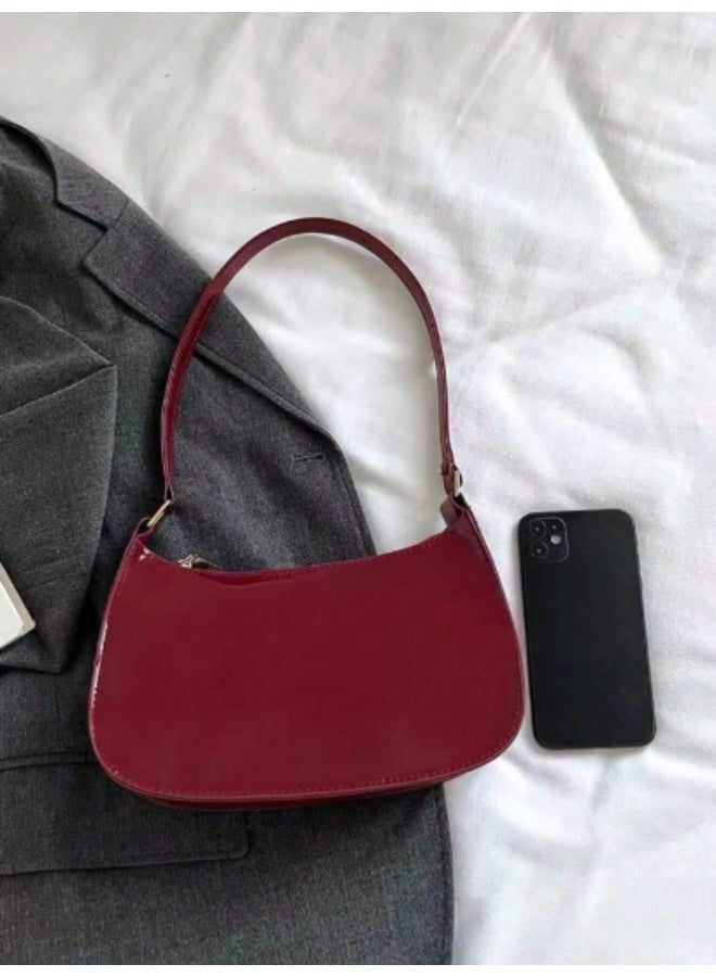 Solid Burgundy Minimalist Crescent Shoulder Bag for Women – Stylish Faux Leather Purse with Zipper Closure for College & Daily Outings - Image 4