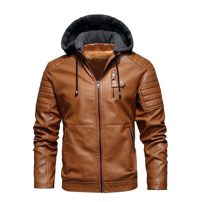New Large Size Hooded Velvet Leather Windproof Warm Motorcycle Men'S Pu Jacket Men'S Coat - Image 1