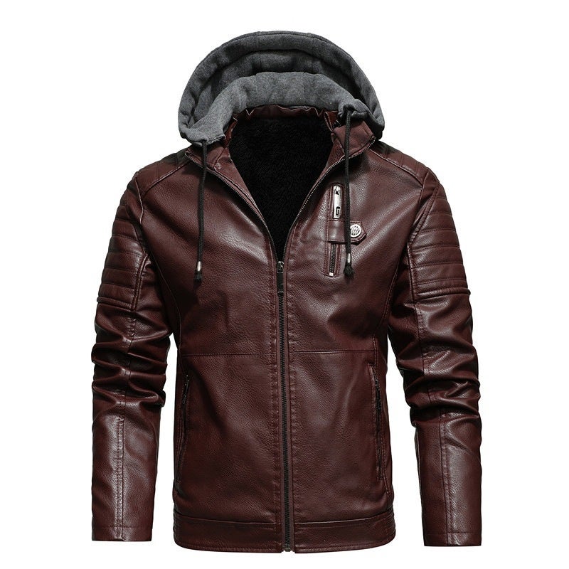 New Large Size Hooded Velvet Leather Windproof Warm Motorcycle Men'S Pu Jacket Men'S Coat - Image 5