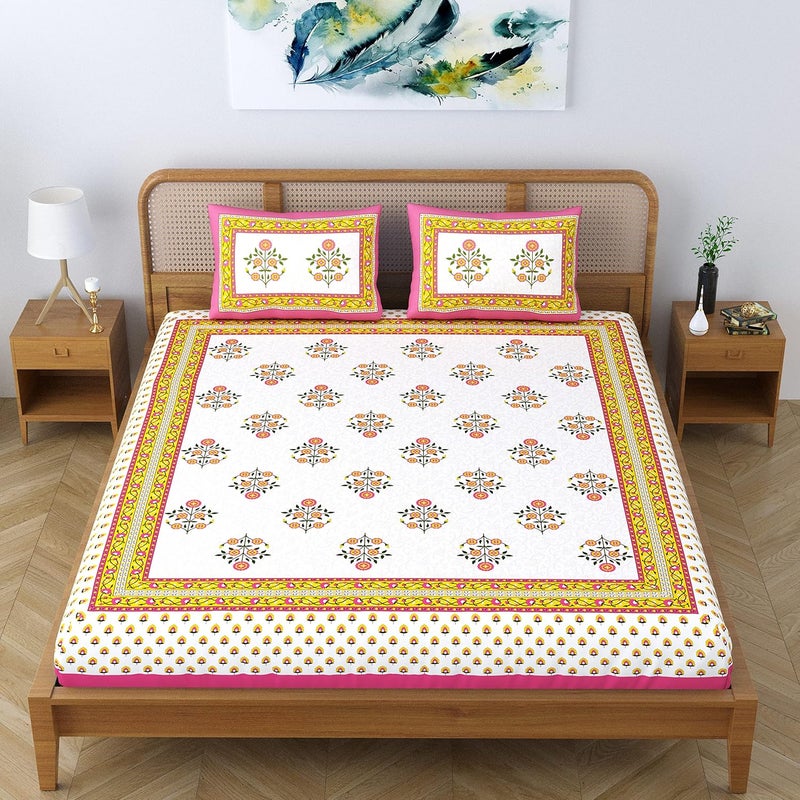 Colorish Cotton Blend Jaipuri Floral Printed 104 TC Double Bedsheet King Size With 2 Pillow Covers Pink Touch - Image 5
