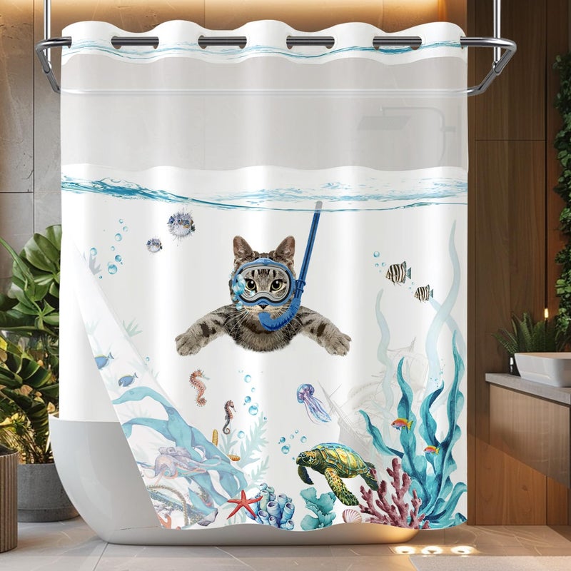 Fowocu No Hook Shower Curtain with Snap in Liner Funny Cat Nautical Shower Curtains for Bathroom Teal Blue Sea Ocean Octopus Starfish Turtle Anchor Fish Waterproof Fabric Bath Curtain Decor 71Ã—74In - Image 1