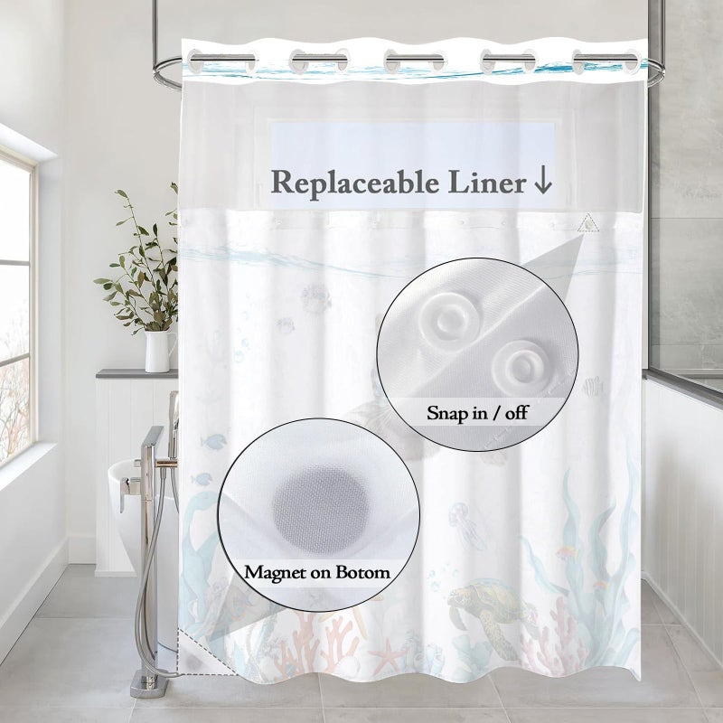 Fowocu No Hook Shower Curtain with Snap in Liner Funny Cat Nautical Shower Curtains for Bathroom Teal Blue Sea Ocean Octopus Starfish Turtle Anchor Fish Waterproof Fabric Bath Curtain Decor 71Ã—74In - Image 5