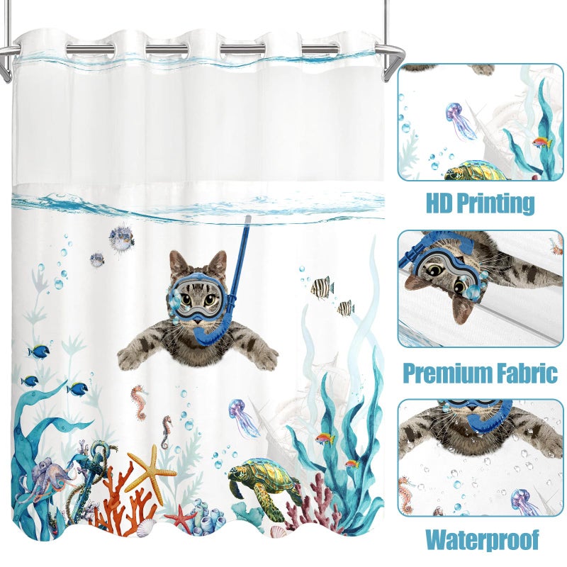 Fowocu No Hook Shower Curtain with Snap in Liner Funny Cat Nautical Shower Curtains for Bathroom Teal Blue Sea Ocean Octopus Starfish Turtle Anchor Fish Waterproof Fabric Bath Curtain Decor 71Ã—74In - Image 4