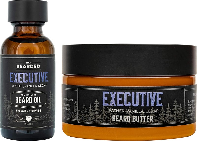 Live Bearded Beard Oil and Butter Grooming Kit - Made in the USA - All-Natural Ingredients with Shea, Argan, Jojoba - Growth Support | Executive Scent - Cedar, Vanilla