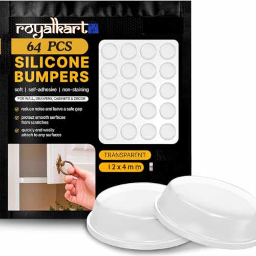 Royalkart® 64 Pcs Transparent Self-Adhesive Silicone Bumper Pads (12x4mm) – Noise Dampening Rubber Protectors for Cabinet, Drawer, Laptop, Furniture - Image 1