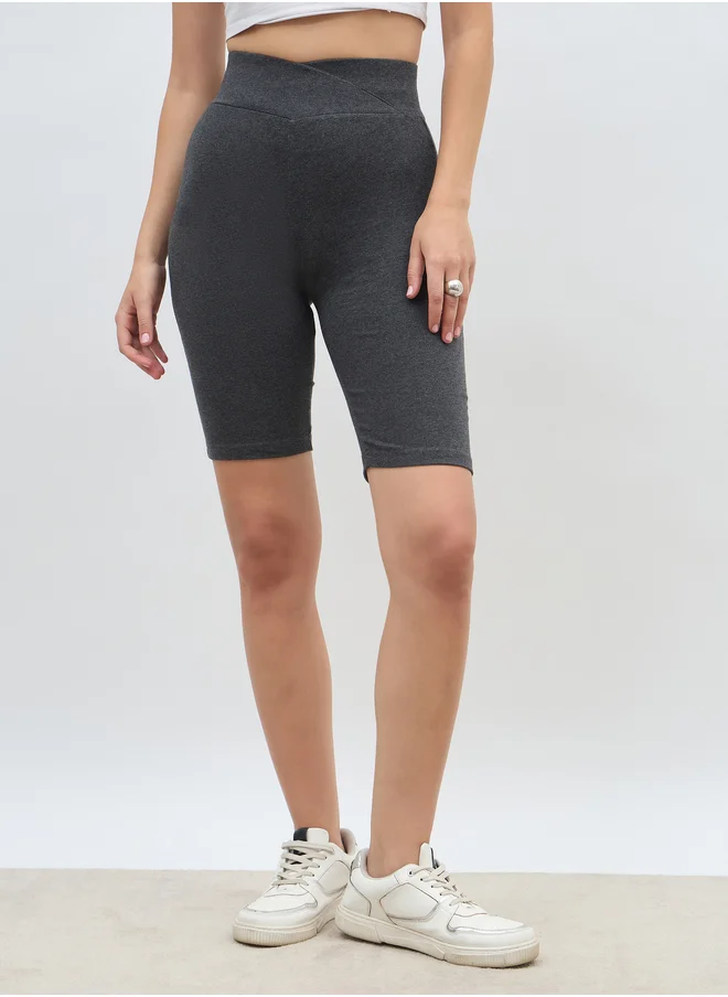 Styli Solid Cycling Shorts with Cross Waistband Detail