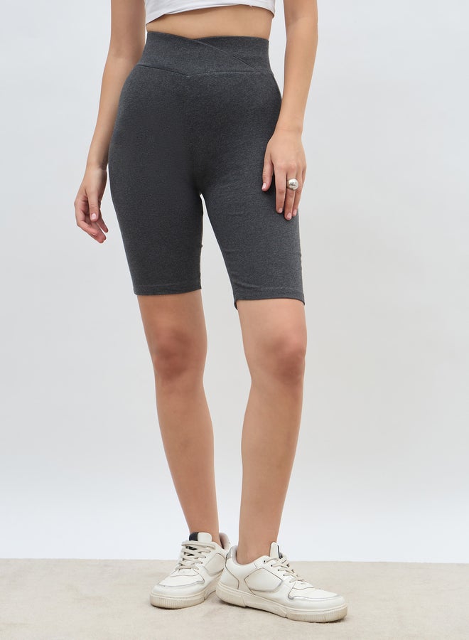 Styli Solid Cycling Shorts with Cross Waistband Detail  - Image 2