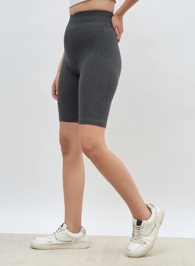 Styli Solid Cycling Shorts with Cross Waistband Detail