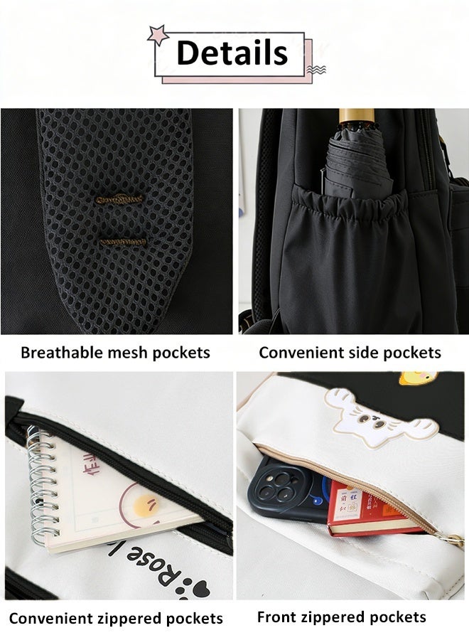 Backpack 3 Pieces School Backpacks Set Preppy School Book Bag with Aesthetics Pendant Canvas Backpack Back School Supplies for Student Teens Girls, Backpack + Crossbody Bag + Pencil Case - Image 5