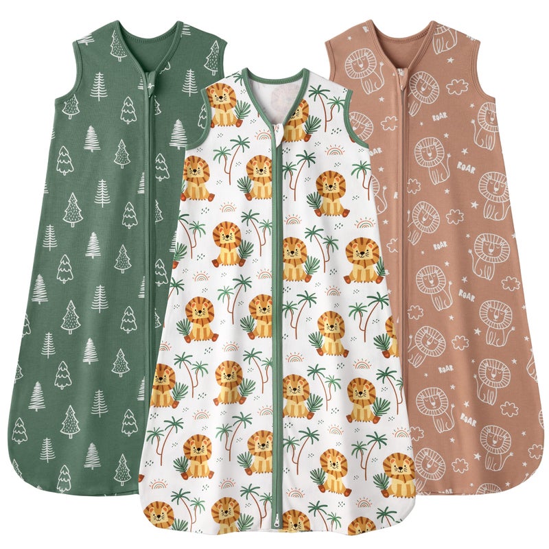 FIEMOL Baby Sleep Sack 0-6 months, 100% Cotton Sleeping Sack for Newborn and Infant, 3 Pack Baby Wearable Blanket, 0.5 Tog Lightweight Double Zipper Sleep Bag Small Brown Green Lion - Image 1