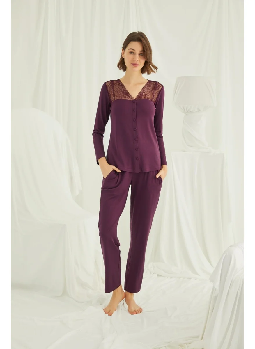 Monamise Women's Burgundy Lace Shoulder Buttoned Front Pajama Set