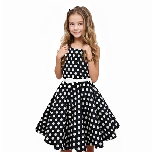 HB HBB MAGIC Girls Vintage Dress 50s Retro Twirling Special Occasion Dresses Size 6-14 Sleeveless Kids Dress Black Polka Dot - Image 1