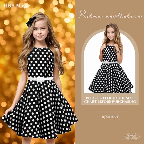 HB HBB MAGIC Girls Vintage Dress 50s Retro Twirling Special Occasion Dresses Size 6-14 Sleeveless Kids Dress Black Polka Dot - Image 2