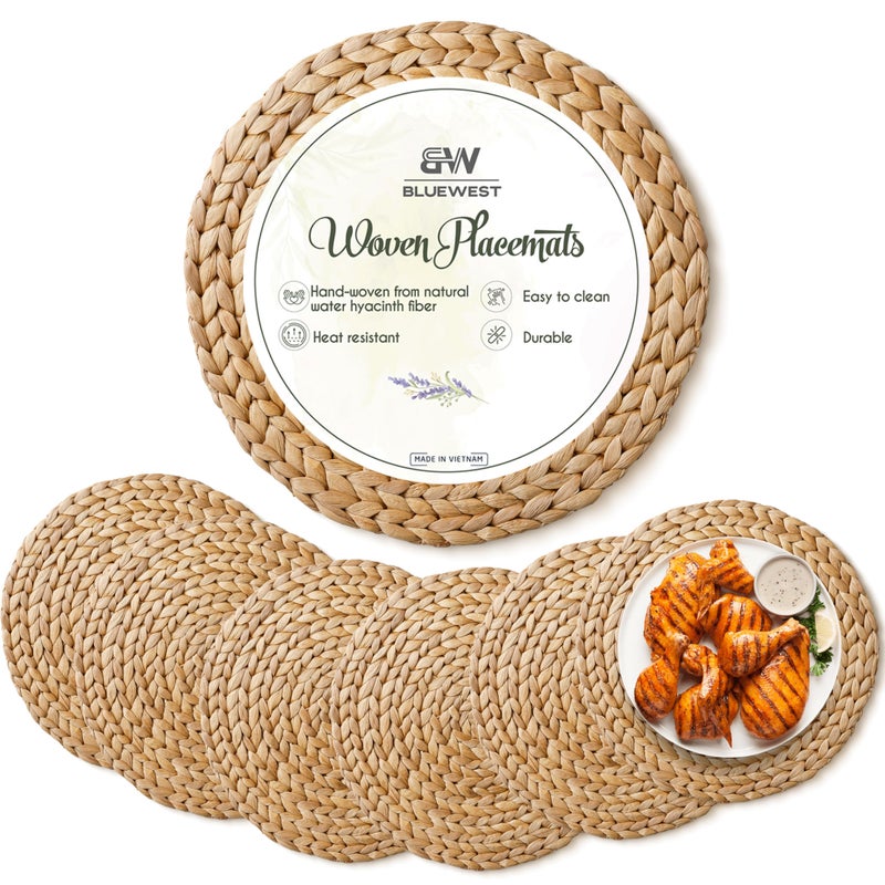 BLUEWEST Round Woven Placemats 1215  Rattan Wicker Water Hyacinth Braided Set  Heat ResistantAntiSlip for Dinner Plates 12 Set of 6