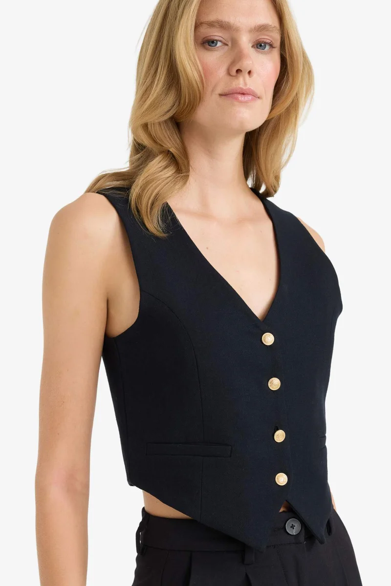 DeFacto V Neck Linen Blend Crop Blazer Vest