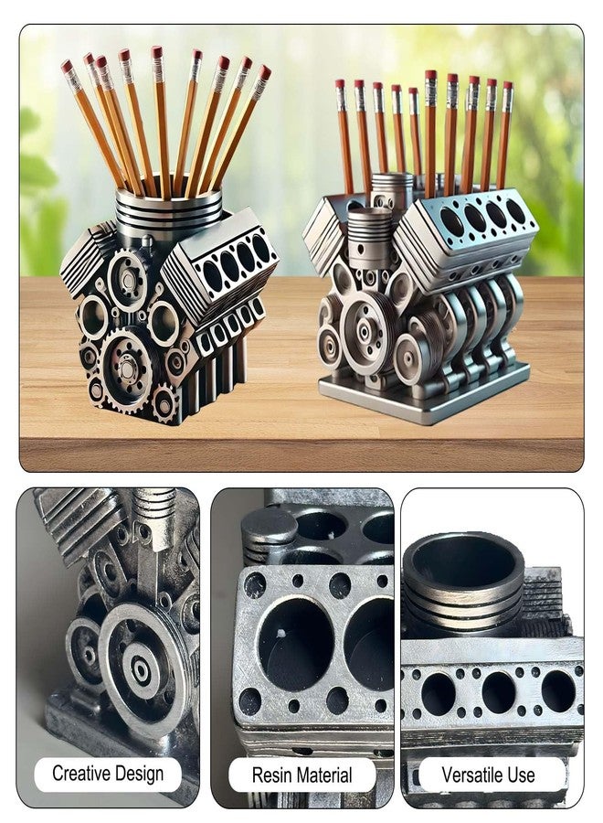 Tizee V8 Engine Model Pen Pencil Holder - Creative Desk Organizer for Home Office| Resin Desktop Stationery Storage with Compartments | Gift for Car Enthusiasts, Mechanics, and Engineers (silvery-B) - Image 3