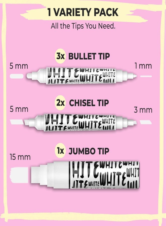 Chalkola 6 White Chalk Markers - Dual tip, Fine & Jumbo Tip (1mm, 3mm, 5mm, 15mm) | Erasable Liquid Chalk Pens for Blackboard, Chalkboard Signs, Car Window, Bistro, Glass | Washable Chalkboard Markers - Image 2
