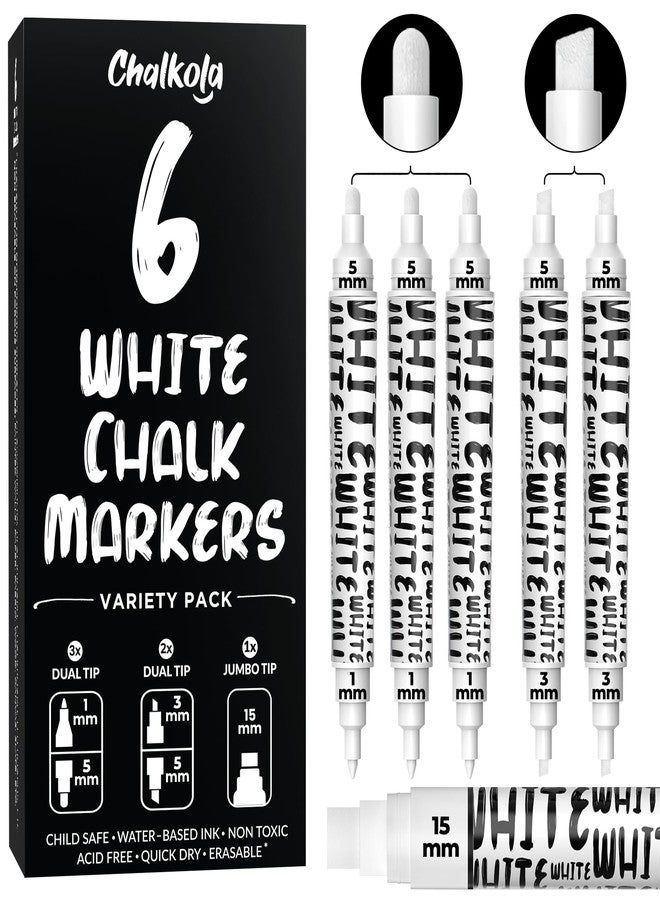 Chalkola 6 White Chalk Markers - Dual tip, Fine & Jumbo Tip (1mm, 3mm, 5mm, 15mm) | Erasable Liquid Chalk Pens for Blackboard, Chalkboard Signs, Car Window, Bistro, Glass | Washable Chalkboard Markers - Image 1