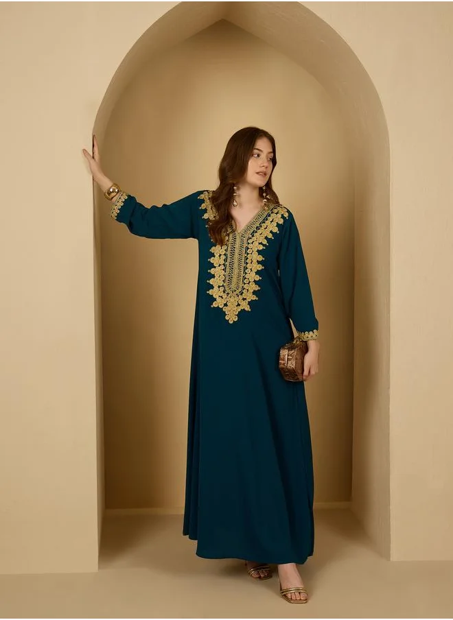 أميرة Amirah Embellished Lace Detail V Neck Jalabiya