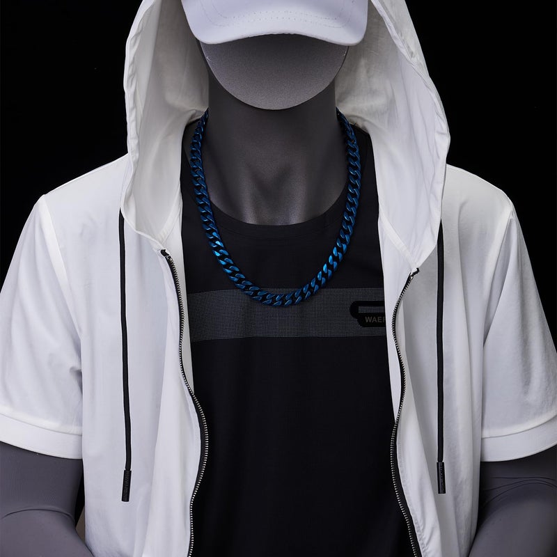 COOLSTEELANDBEYOND 12MM Large Blue Curb Chain, Miami Cuban Chain Necklace for Mens, Hip Hop, Stainless Steel, 24 inches - Image 2