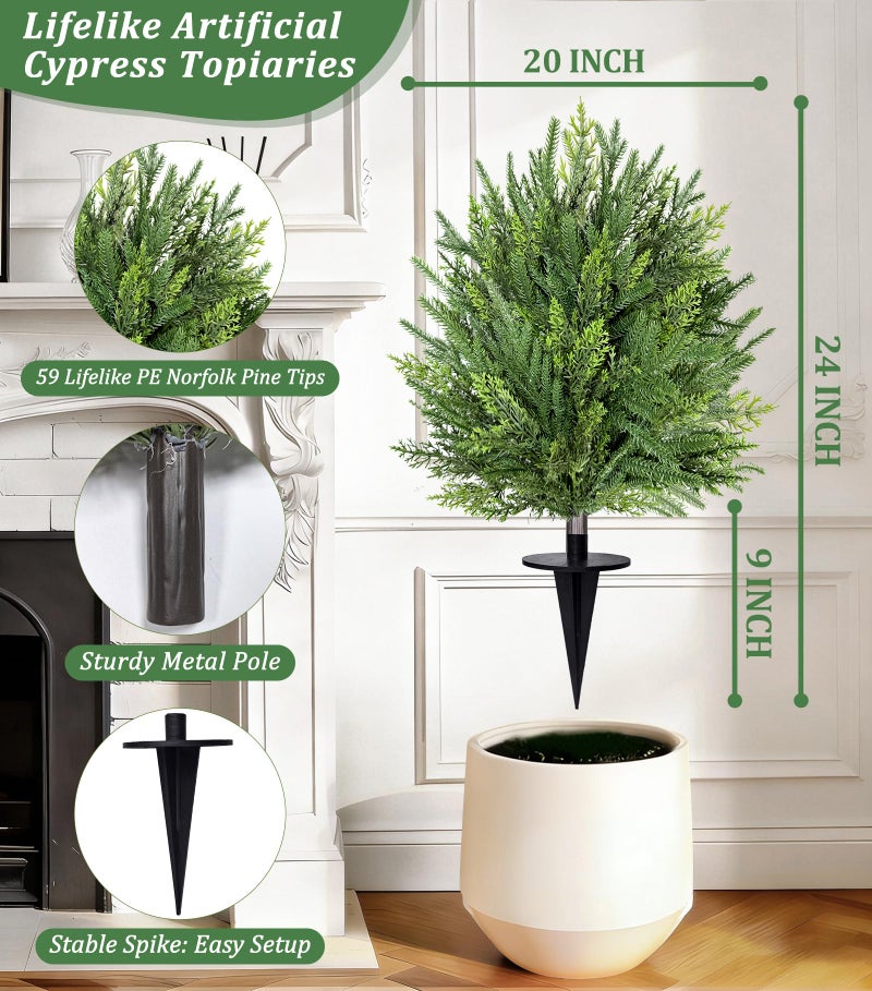 Grandeal 2 Pack Artificial Cypress Topiary Ball Trees with Ground Spike, 24" Norfolk Fake Bushes Shrubs UV Resistant Faux Plants Greenery for Outdoor Planters Garden Front Porch Pot Urn Fillers Spring Decor - Image 3