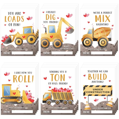 Demonwer 24 Pcs Valentine's Day Cards Construction Truck Greeting Cards Valentine's Day Gift Tags Exchange Gifts for Holiday Party Favor - Image 1