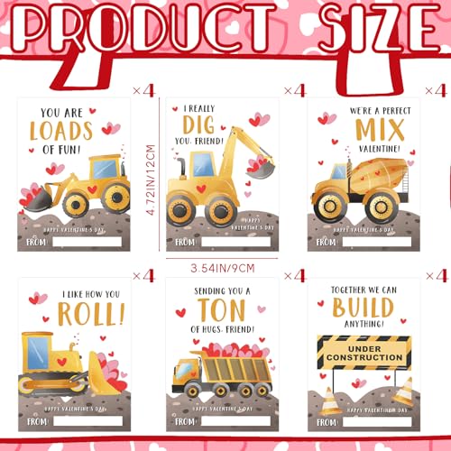 Demonwer 24 Pcs Valentine's Day Cards Construction Truck Greeting Cards Valentine's Day Gift Tags Exchange Gifts for Holiday Party Favor - Image 2