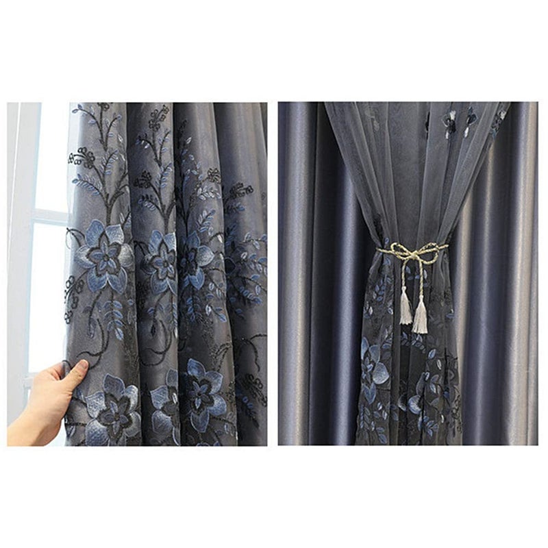 Amidoudou 1 Pair European Double Layer Curtains for Living Room Bedroom Luxury Flower Embroidered Curtains with Valance (Grey,54x96 Inch) - Image 4