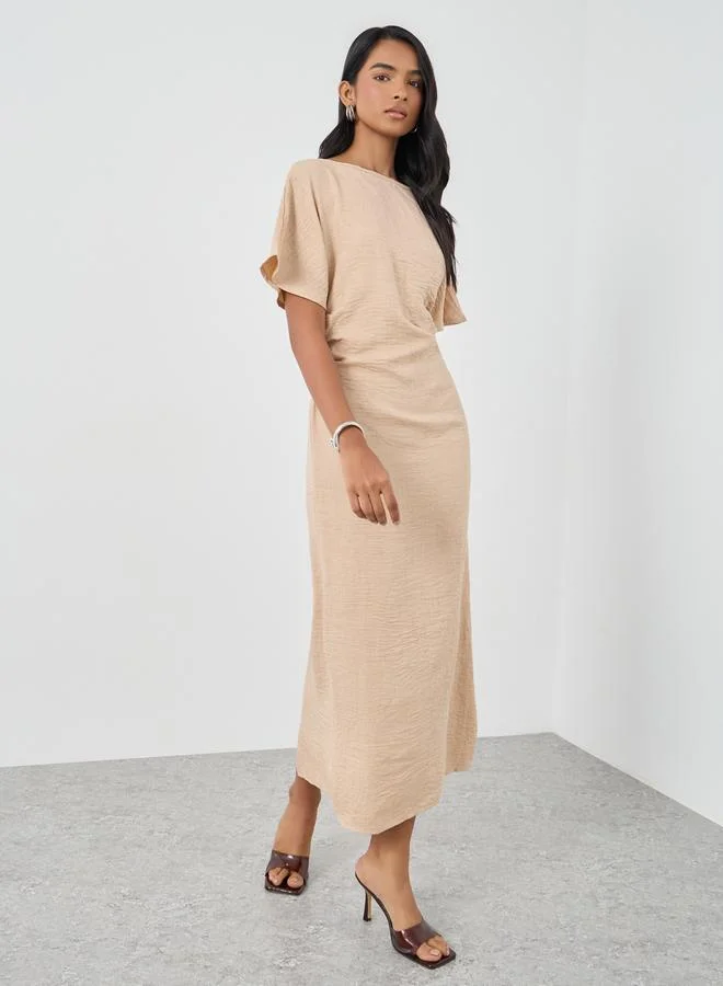 Take Two Take Two Solid Short Sleeve Side Gathered Midi Dress