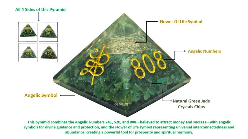 GEMTUB Handcrafted Natural Green Jade Wealth Pyramid Zibu Symbol Numbers 741 520 808 Feng Shui Pyramid for Prosperity Abundance Success Home Office Gift 8 CM - Image 3