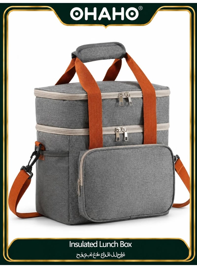 OHAHO Insulated Lunch Box for Men & Women - Leak-Proof Cooler Lunch Bag Double Layer Thermal Lunch Bag Large Capacity Picnic Box Meal Pouch Food Insulated Cooler Delivery Bags Adjustable Strap Ideal for Work Picnic Travel - Gray 27×18×29cm - Image 1