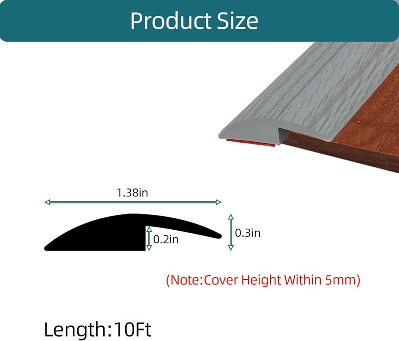 Tintvent Carpet Floor Transition Strip, Self-Adhesive Carpet to Tile Transition Edging Trim Suitable for Door Threshold/Wood Floor, Cover Height Within 5mm – Gray(10Ft) - Image 2