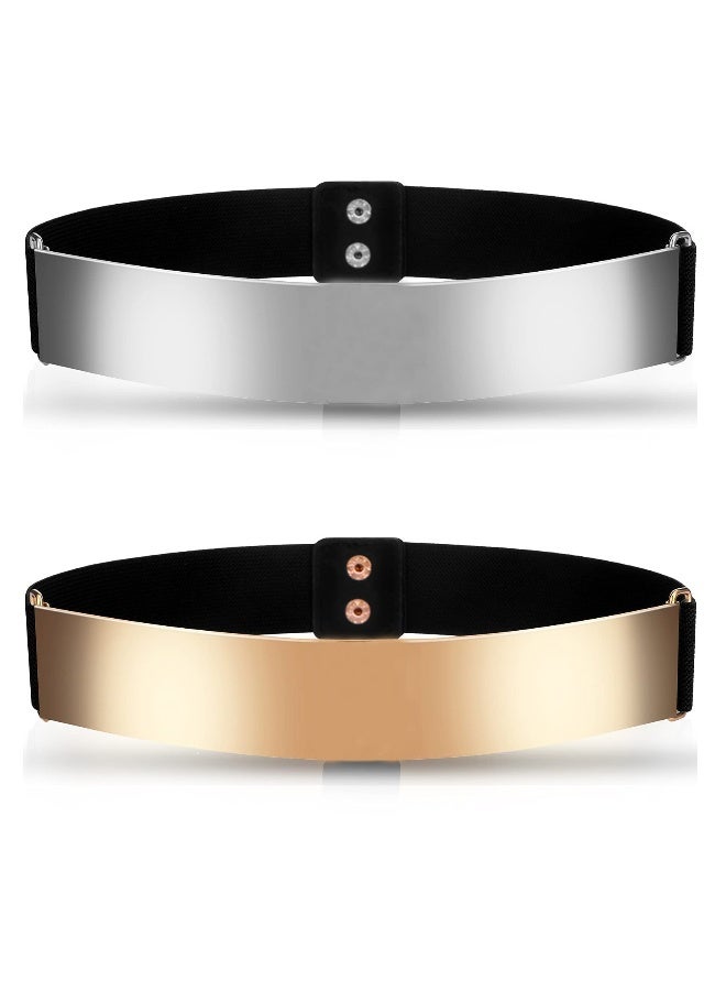Ladies Mirror Elastic Belt, 2 Pieces Adjustable Fashion Slim Dress Belt Clothes Decorative Accessories for Girls Women (Silver, Gold) - Image 1