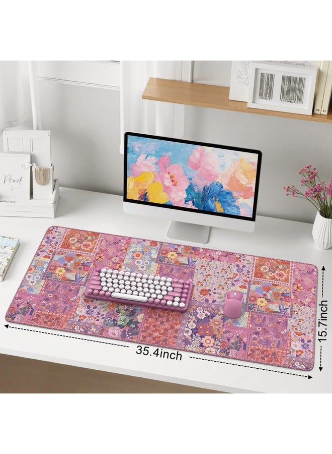 iCasso Floral Desk Pad Mat, Large Mouse Pad, Desk Matt for Desktop, Anti-Slip XXL Big Mousepad with Stitched Edges for Computer Keyboard (Rose Pink) - Image 2