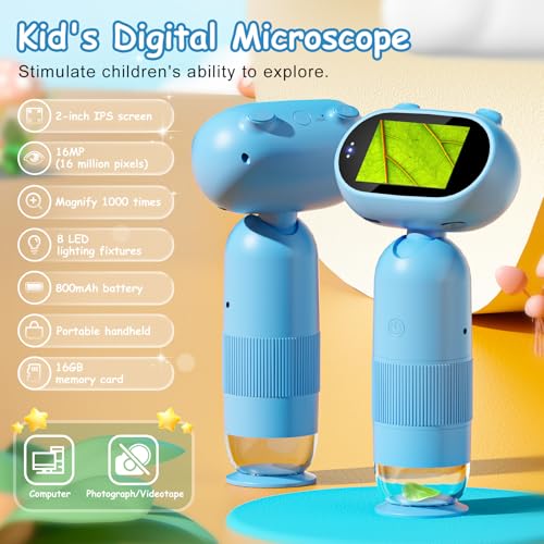 TQU Kids Microscope 1000X Portable Microscope for Kids Slides Digital with 2 Screen Mini Handheld Magnifier Pocket Coin Magnifying Glass with Light HD 16MP Camera and 1080P Video - Image 5