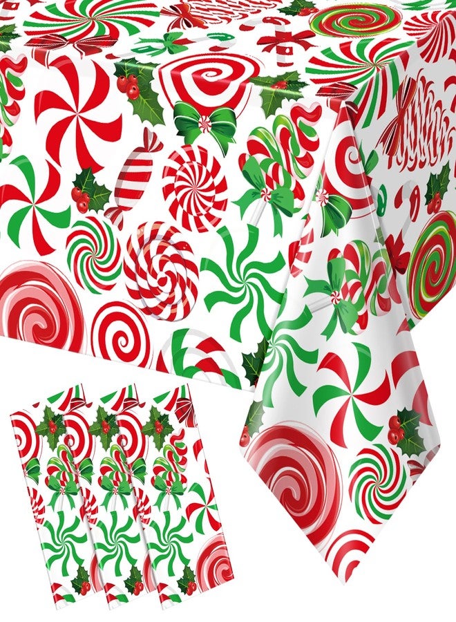 Jectivs 3Pcs Christmas Party Tablecloth Decorations,Red Green Plastic Christmas Ornament Candy Cane Table Cover Rectangle Peppermint Swirl Table Cloth for Christmas Holiday New Year Party Supplies,54x108 Inch - Image 1
