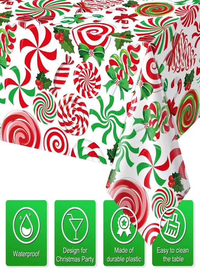 Jectivs 3Pcs Christmas Party Tablecloth Decorations,Red Green Plastic Christmas Ornament Candy Cane Table Cover Rectangle Peppermint Swirl Table Cloth for Christmas Holiday New Year Party Supplies,54x108 Inch - Image 2