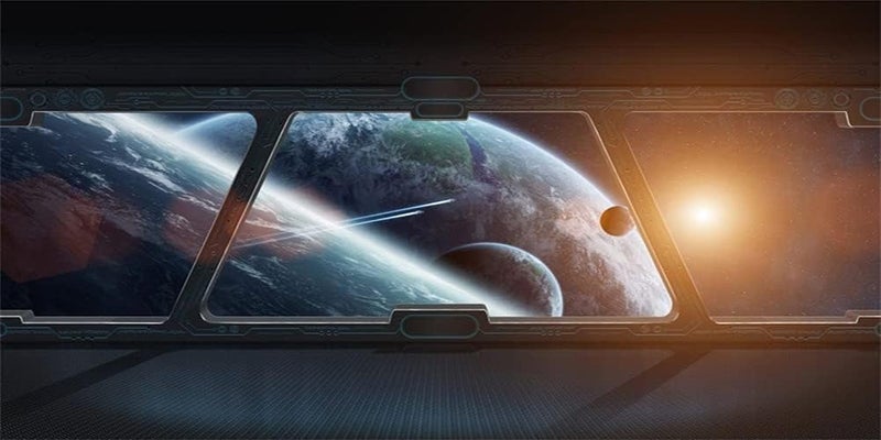 AOFOTO 8x6ft Spaceship Interior Window View on Planet Backdrop Universe Exploration Science Fiction Spacecraft Photography Background Space Station Photo Booth Studio Props Vinyl
