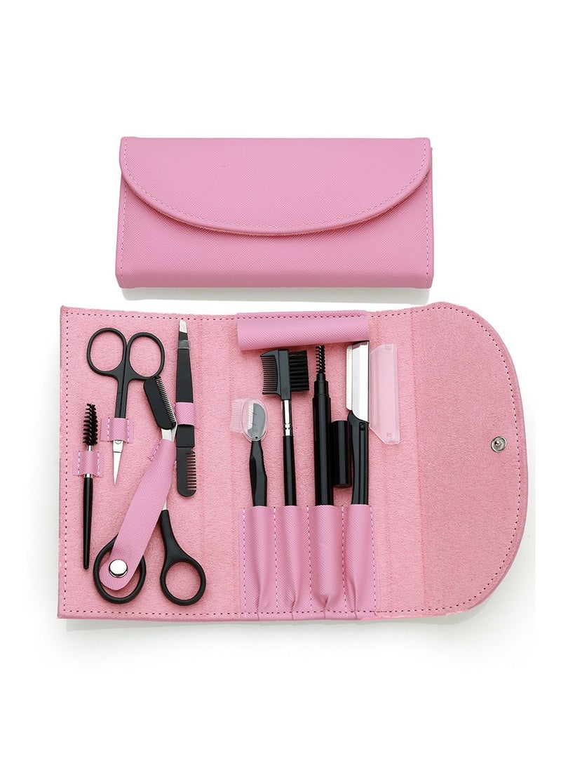 8Pcs Eyebrow Trimming Set With Pink Storage Bag Stainless Steel Eyebrow Tweezer Eyebrow Scissors with Comb Eyebrow Razor Eyebrow Tool Set - Image 1