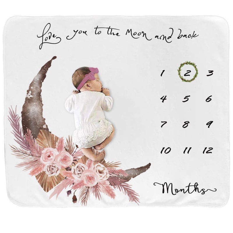 fundich Baby Milestone Blanket for Baby Girl, Newborn Monthly Milestone Blanket, Baby Growth Chart Blanket, Boho Nursery Decor for Girls, Photo Prop with Wreath&Headband 45â€x40â€ - Image 1