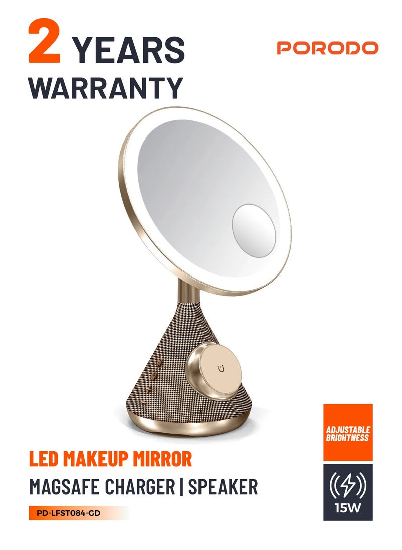 porodo - LED Makeup Mirror with Magsafe and Speaker / 30M Bluetooth Distance / 3 Color Temperatures / Magsafe Charger / Adjustable LED Light - Gold - Image 1