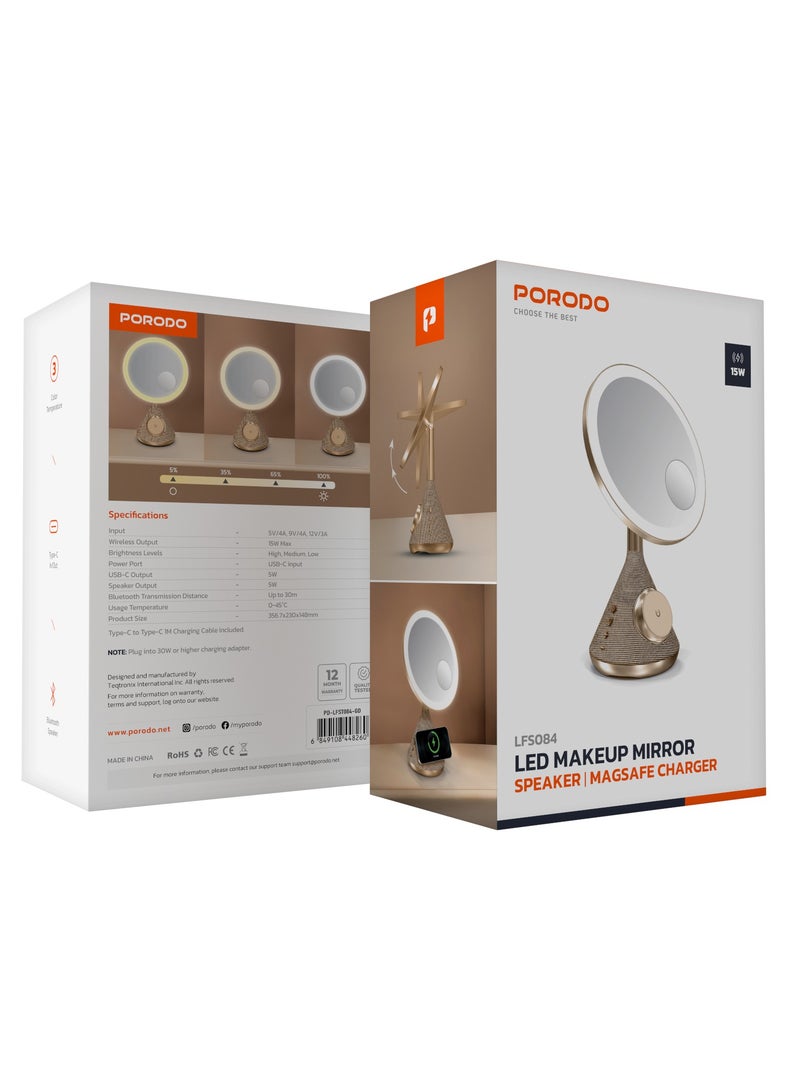 بورودو مكبر صوت مرآة مكياج LED مع شحن لاسلكي / شاحن من النوع C داخلي/خارجي / مسافة بلوتوث 30 مترًا / 3 درجات حرارة لونية / شاحن Magsafe / ضوء LED قابل للتعديل - ذهبي - Image 4